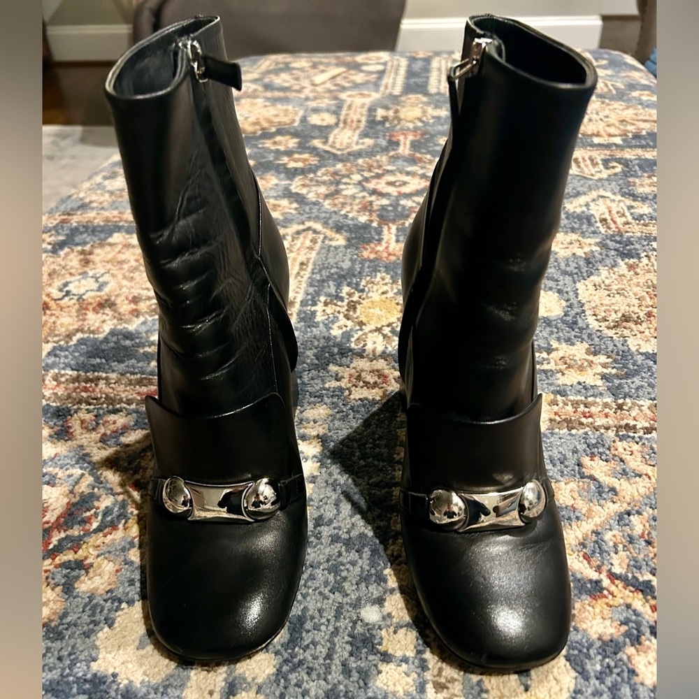 Burberry Black Leather Heeled Boots with Silver Accents